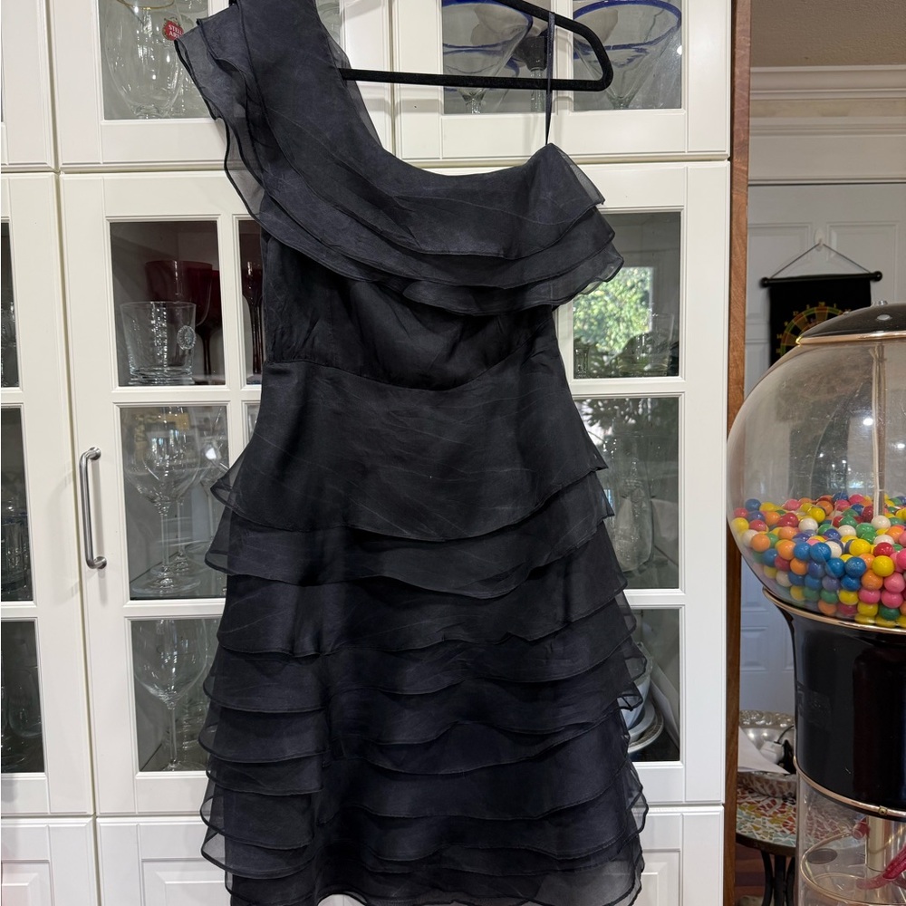 BCBGMaxAzria Black One-Shoulder Layered Silk Ruffle Dress